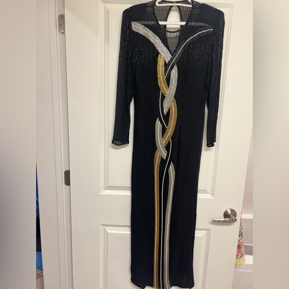 Black Silk Long-Sleeve Beaded Evening Gown with Gold & Silver Braided Detail